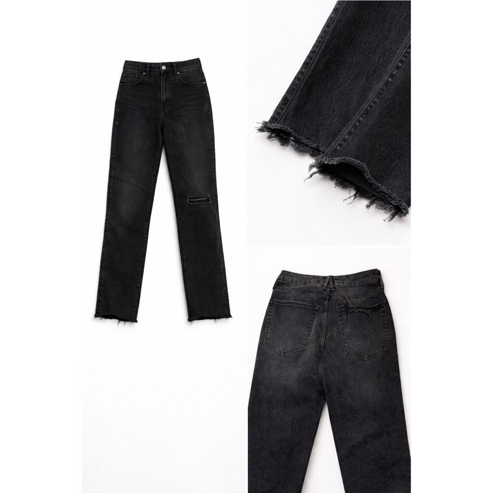 Good American Good Straight Black Jeans Size 27 High Rise Distressed Raw Hem - Picture 2 of 3